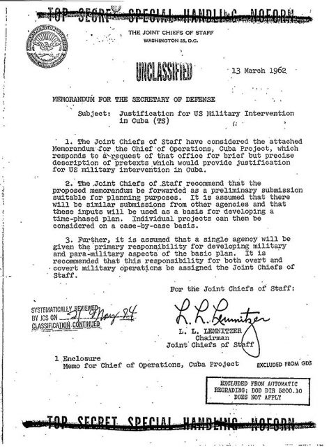 “Justification for U.S. Military Intervention in Cuba.” This is a picture of the actual memorandum issued for Operation Northwoods.
