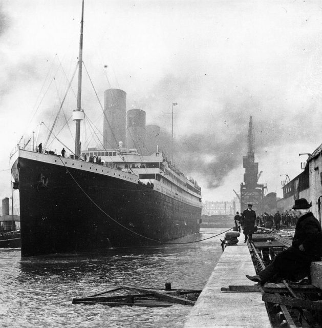 The RMS Titanic docked in Southampton shortly before the start of the journey.