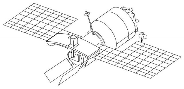 A diagram showing the orbital configuration of an Almaz radar satellite, a type of Soviet reconnaissance satellite based on the Almaz OPS space stations.