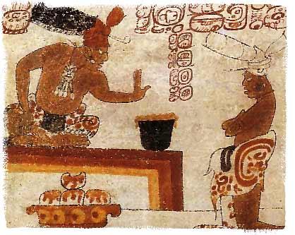 A Maya lord forbids an individual from touching a container of chocolate.