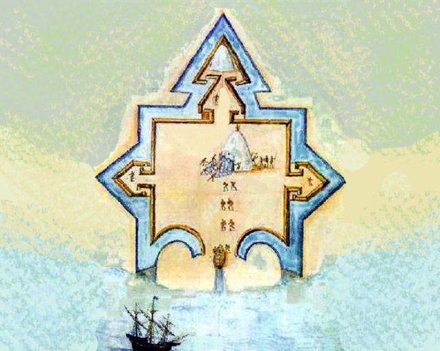 A watercolor of the fort in Guyanailla Bay, which is likely similar to the fort constructed on Roanoke