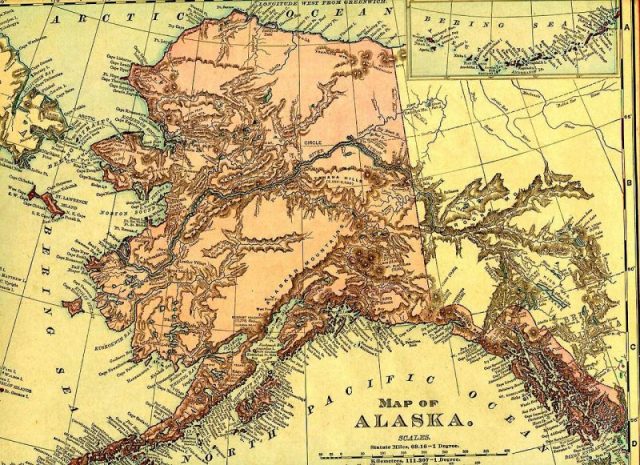 Alaska in 1895 (Rand McNally). The boundary of southeastern Alaska shown is that claimed by the United States prior to the conclusion of the Alaska boundary dispute.