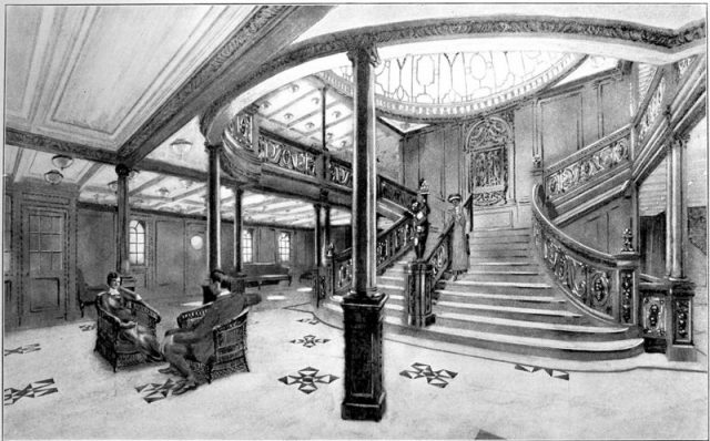 A drawing of the RMS Titanic’s famed Grand Staircase. The drawing was featured in a 1912 promotional booklet about the luxurious ocean-liner.