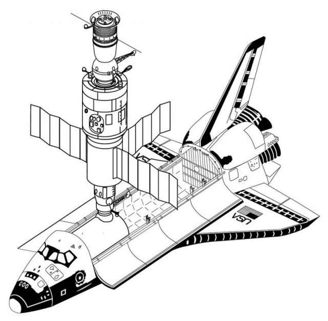 Conceptual drawing of Shuttle docked with Salyut.