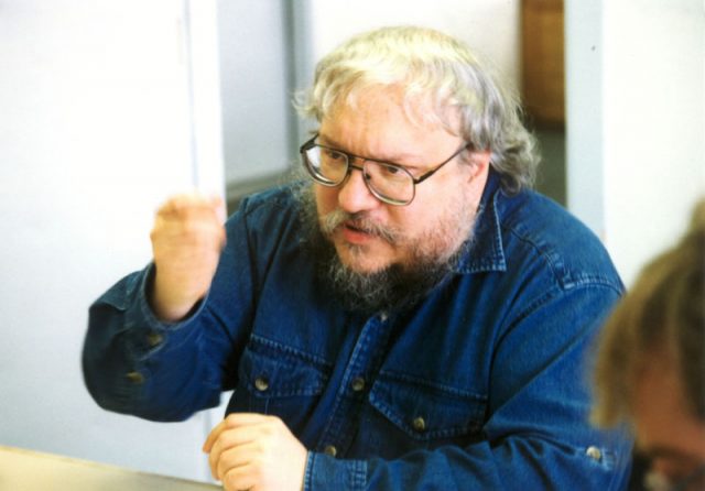 George R.R. Martin at Clarion West 1998. Scanned from a print, June 2006. Photo by Elf CC BY SA 3.0
