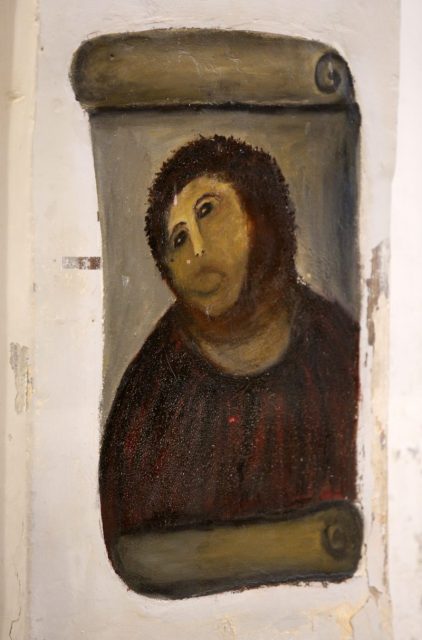 View of the deteriorated version of ‘Ecce Homo’ by 19th-century painter Elias Garcia Martinez. AFP PHOTO / CESAR MANSO