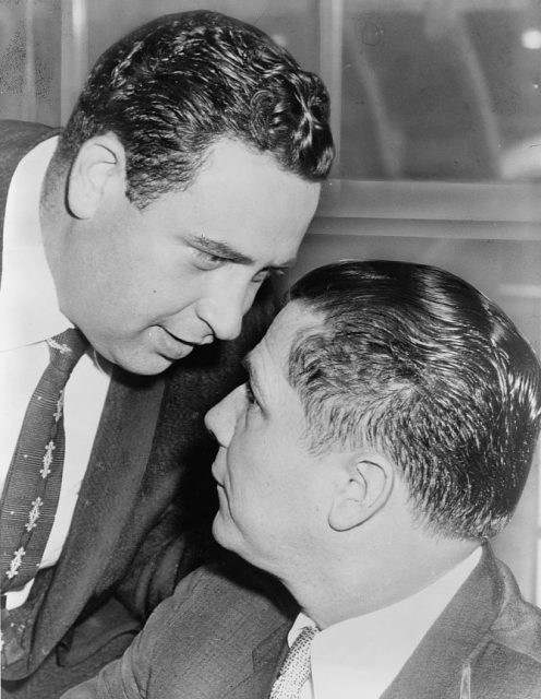 Hoffa (right) and Bernard Spindel after a 1957 court session in which they pleaded not guilty to illegal wiretap charges.