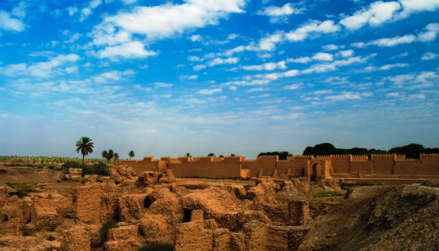 Panorama of partially restored Babylon ruins, Hillah, Iraq.