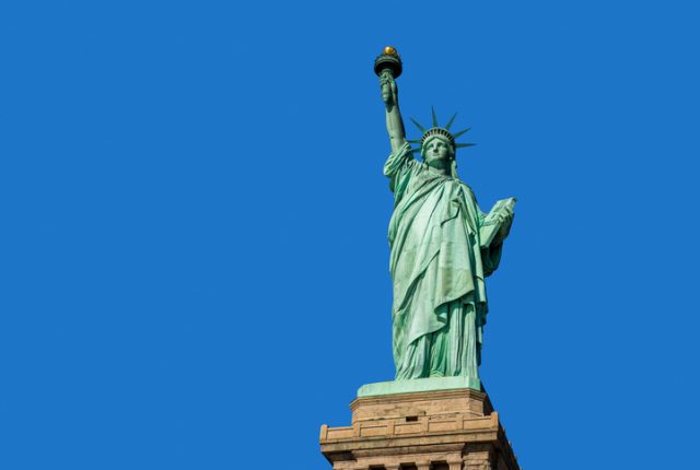 Low angle view of the Statue of Liberty on Liberty Island, New York City, NY, USA