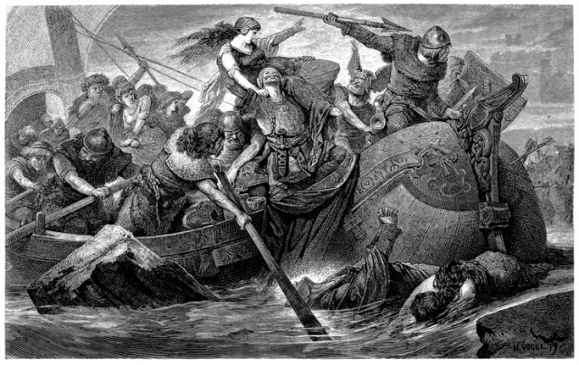 Illustration of a Viking raid, wood engraving by Hermann Vogel.