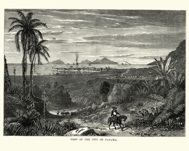 Vintage engraving of the City of Panama, 19th Century.