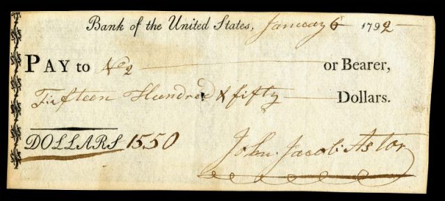John Jacob Astor (Financier), signed check.