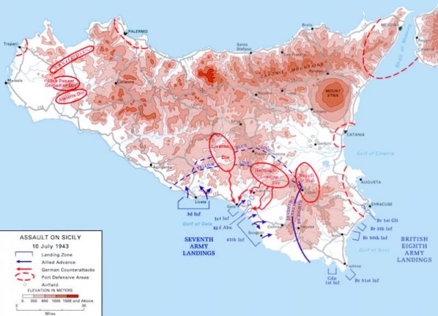 A map of the Allied army amphibious landing in Sicily, July 10, 1943, as part of Operation Husky.