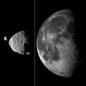 The relative sizes of Deimos and Phobos as might be seen from the surface of Mars, compared to the relative size in the sky of the Moon as seen from Earth.