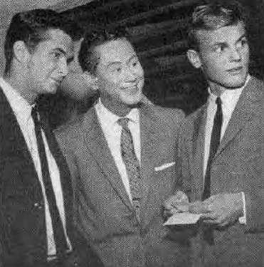Tab Hunter (right) with Anthony Perkins and Peter Potter on the TV show Juke Box Jury, 1957.