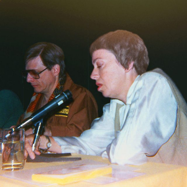 Legendary writers Harlan Ellison and Ursula K. Le Guin at Westercon, Portland, Oregon, 1984. Photo by Pip R. Lagenta CC BY 2.0