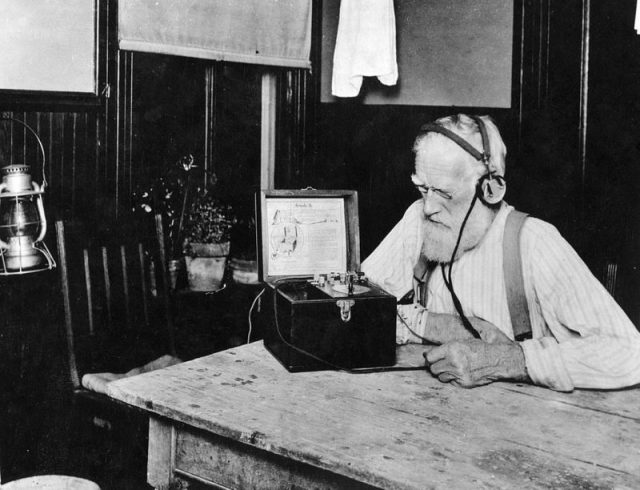 Farmer in 1923 listening to crop reports broadcast from Washington D.C.