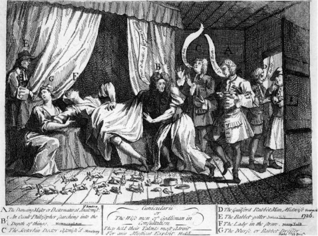 An artist’s impression of Mary Toft, apparently giving birth to rabbits.