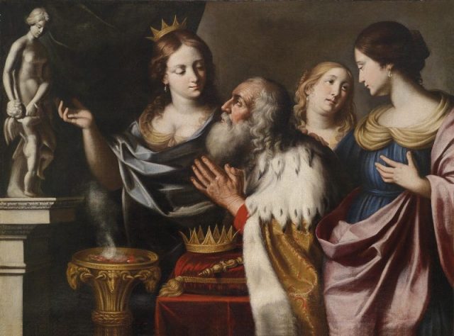 Depiction by Giovanni Battista Venanzi of King Solomon being led astray into idolatry in his old age by his wives, 1668.