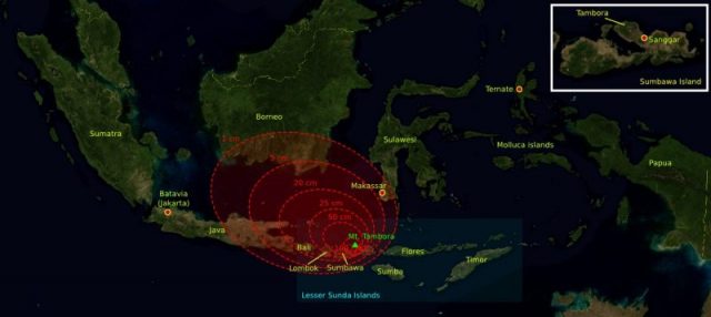 The 1815 Mount Tambora eruption. The red areas are maps of the thickness of volcanic ashfall.  CC BY-SA 3.0