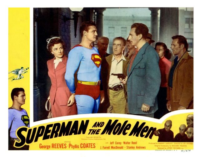 Colored lobby card for the 1951 theatrical feature “Superman and the Mole Men” featuring George Reeves and Phyllis Coates.