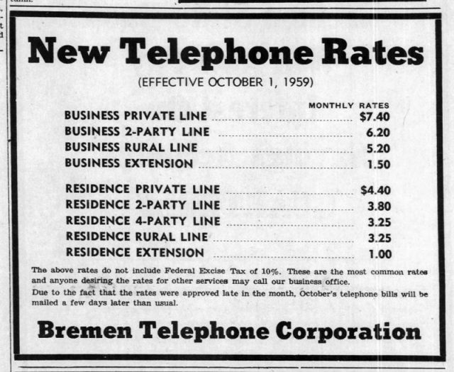 1959 rates for telephone lines in Indiana. Subscribers in town could choose a private line or a line shared by 2 or 4 parties. All rural lines were party lines shared with several neighbors.