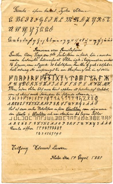 Edward Larsson’s rune cipher resembling that found on the Kensington Runestone. Also includes runically-unrelated blackletter writing style and pigpen cipher. Similar to notes dated 1883.