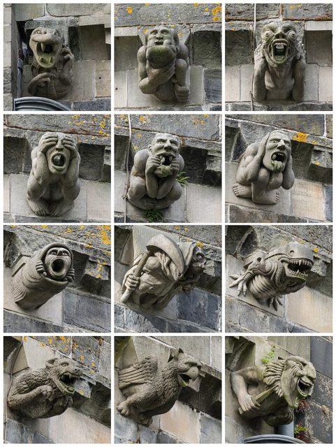 The 12 Paisley Abbey gargoyles – the one shown top right in this montage is the only surviving original gargoyle, the rest were replaced in 1991. Photo by Colin CC BY-SA 3.0