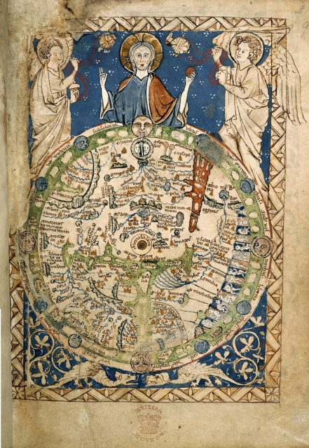 Considered one of the great medieval world maps. Probably a copy of the map that adorned the bed chamber of King Henry III.
