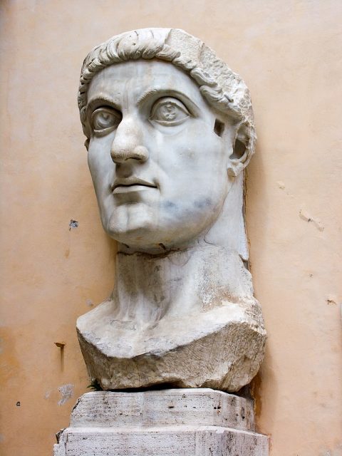 Marble head representing Emperor Constantine the Great, at the Capitoline Museums. Photo by I, Jean-Christophe BENOIST CC BY 2.5