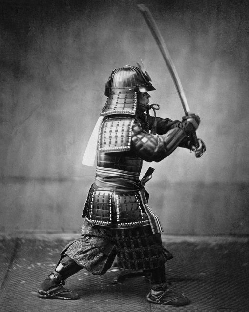 Photo of a samurai with katana, c. 1860.