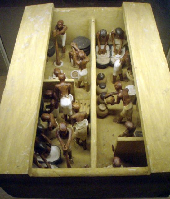 A funerary model of a bakery and brewery, dating the 11th dynasty, c. 2009-1998 BC. Painted and gessoed wood, originally from Thebes. Photo by Keith Schengili-Roberts CC BY-SA 2.5