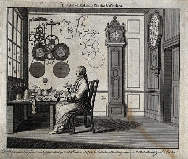 A watchmaker seated at his workbench. Photo by Wellcome Images CC By 4.0