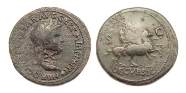 Nero depicted on a sestertius coin with countermark “X” of Legio X Gemina. Photo by Numisantica – CC BY-SA 3.0 nl