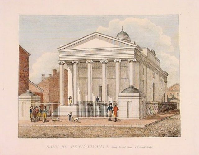 Bank of Pennsylvania building designed by Benjamin Henry Latrobe. Engraving by William Birch.