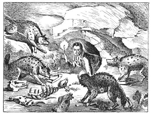 Cartoon of Buckland poking his head into a prehistoric hyena den in 1822 to celebrate Buckland’s ground breaking analysis of the fossils found in Kirkdale Cave.
