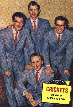 Trading card of the Crickets, 1957: (back row, left to right) Buddy Holly, Jerry Alison, and Niki Sullivan; (front) Joe Mauldin. Topps issued series cards featuring movie stars, television stars and recording stars.