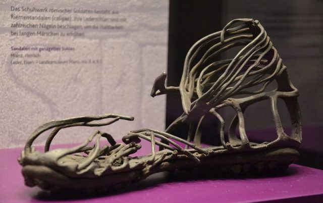 Caliga, Roman soldier’s sandal from the 1st Century AD, Landesmuseum, Mainz. Photo by Carole Raddato CC BY-SA 2.0