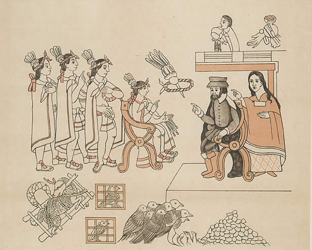 Cortés and La Malinche meet Moctezuma in Tenochtitlan, November 8, 1519.
