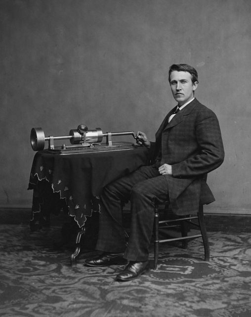 Thomas Edison with his second phonograph, photographed by Levin Corbin Handy in Washington, April 1878.