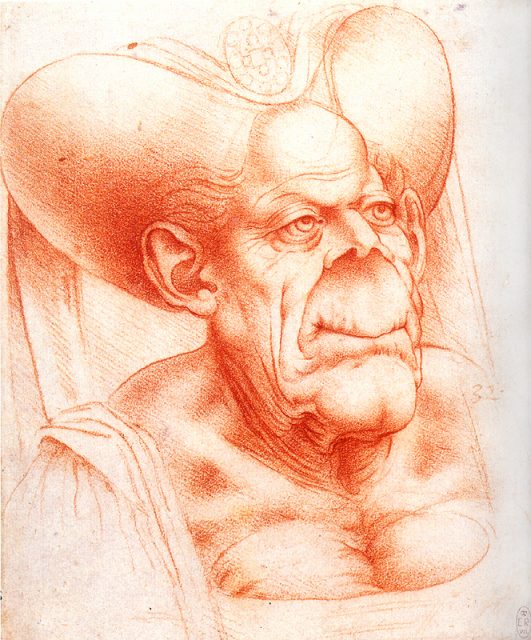 Grotesque Head – Leonardo da Vinci (c. 1480-1510) Red chalk on paper, 17.2 x 14.3 cm. Windsor Castle, Royal Library