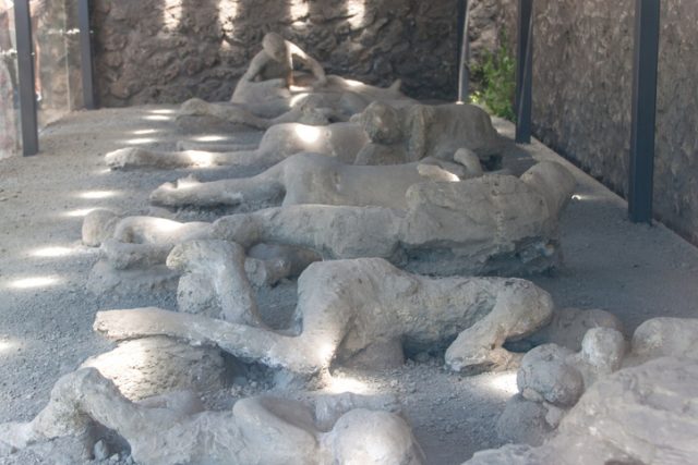 Plaster casts of the victims covered in ash in Pompeii, Italy.