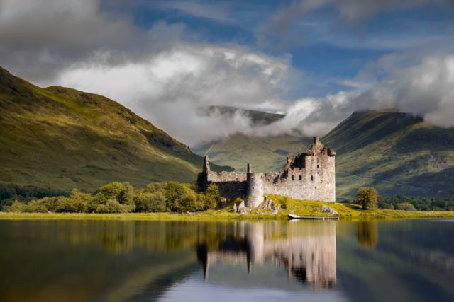 Reflection of Kilchurn Castle in Loch Awe, Scotland. Perhaps the lake sometimes served as an escape route.