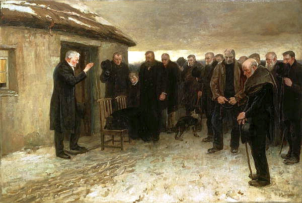 A painting of a 19th century Scottish funeral.