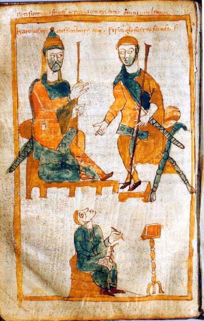 Charlemagne (left) and his eldest son, Pepin the Hunchback. 10th century copy of a lost original from about 830.