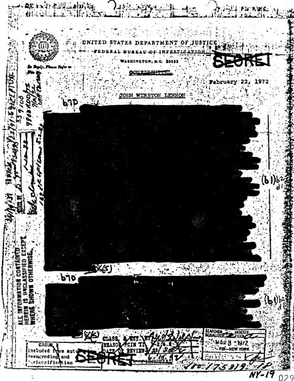 The FBI released heavily blacked out, or redacted, pages of the Lennon FBI file, including this one, initially in response to Jon Wiener’s Freedom of Information request.
