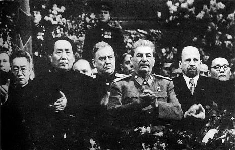 Mao Zedong, Stalin, and Ulbricht at Stalin’s 70th birthday celebrations in Moscow, December 1949.