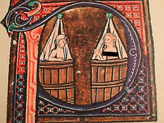 Bathing depicted c. 1400. Those who could afford a personal bath would use a wooden tub that was filled using jugs of hot water brought by attendants.