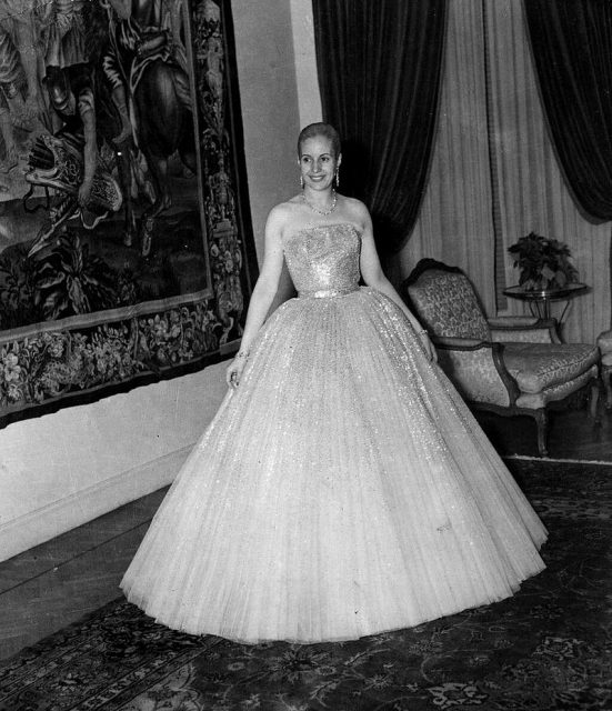 Perón wearing a dress especially designed by Christian Dior.