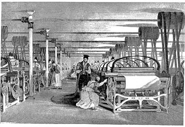 A Roberts loom in a weaving shed in 1835. Textiles were the leading industry of the Industrial Revolution and mechanized factories, powered by a central water wheel or steam engine, were the new workplace.